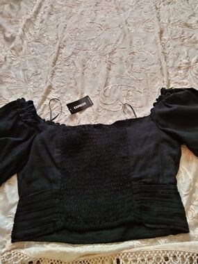 Express Black Smocked Off-Shoulder Crop Top